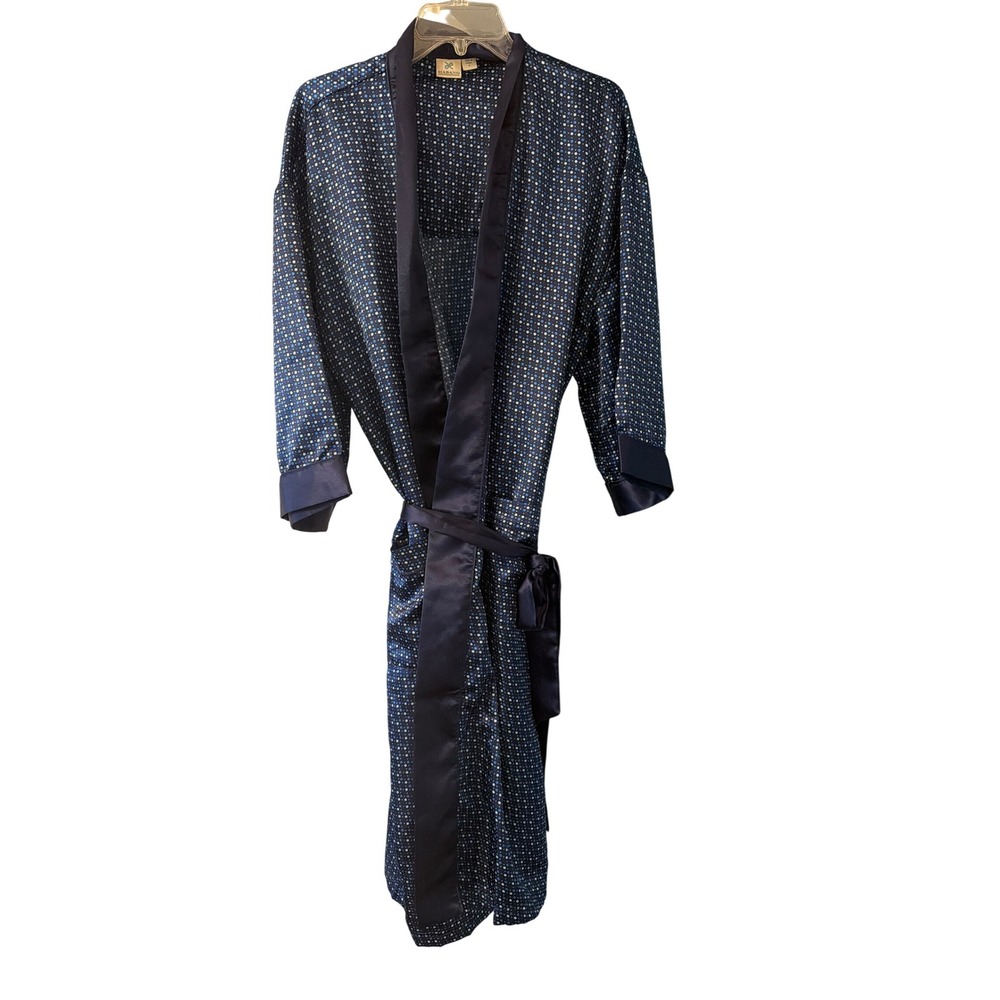 Haband Robe Navy Blue Polka Dot Satin Classic Loungewear Tie Waist Regular